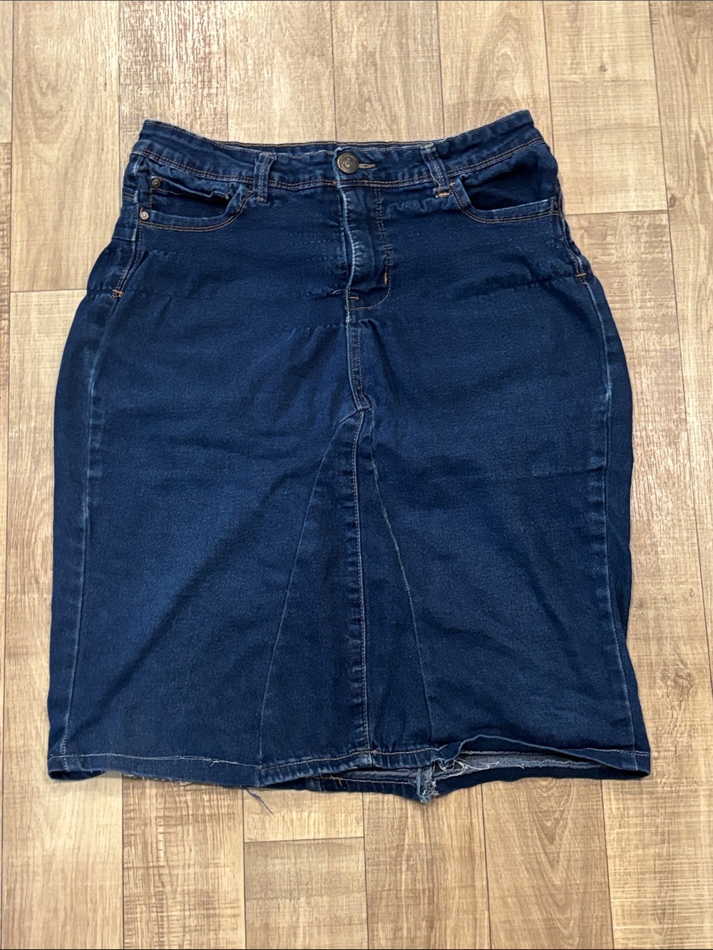 Women's Dark Blue Denim Midi Skirt - Classic High-Waist Pencil